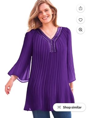 Woman Within Purple Pleated Blouse with Bell Sleeves and Bearded Neckline 22/24